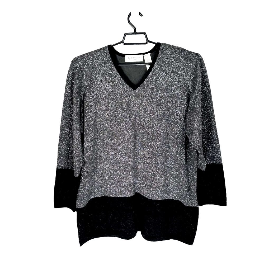 Elisabeth by Liz Claiborne Gray Black Metallic V Neck Sweater 1X